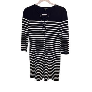 Talbots Crisscross Nautical Striped Jersey Knit Dress XS Navy Blue & White